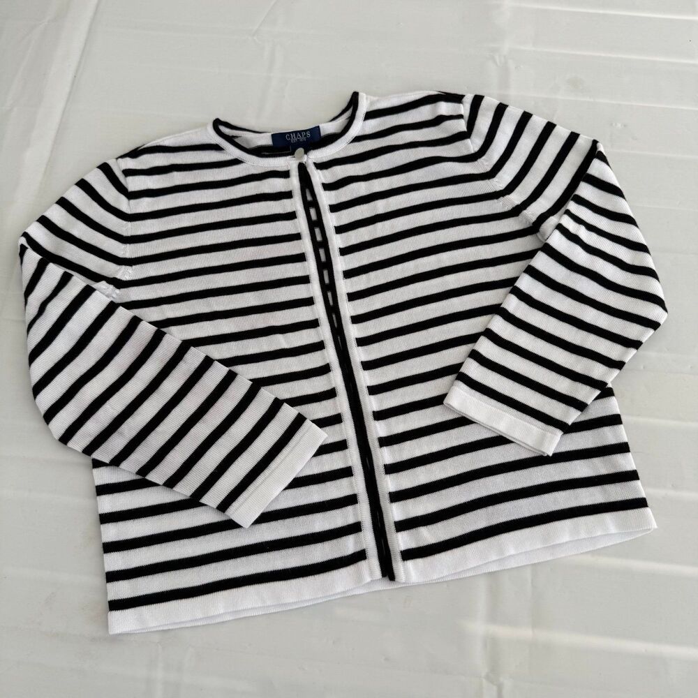 Chaps Women's S/M Cardigan Sweater White Black Stripe Lightweight 3/4 Sleeve